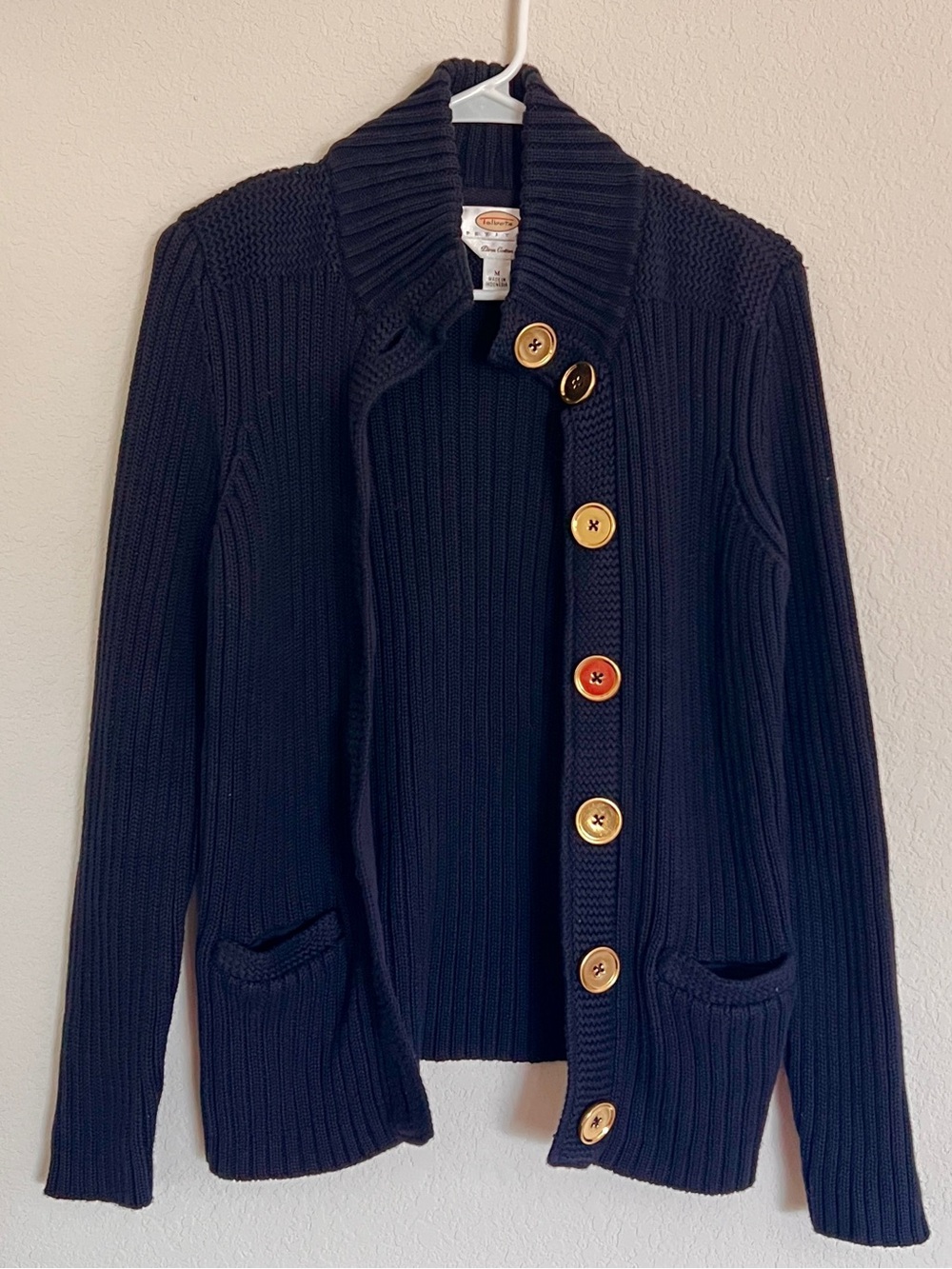 Talbots Petites Pima Cotton Navy Blur Cardigan Sweater Gold-Tone Horn Buttons